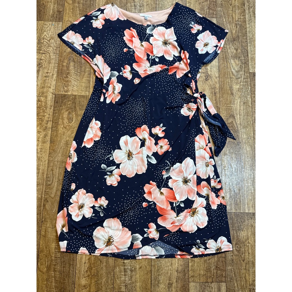 Signature by Robbie Bee Navy Coral Floral Faux Wrap Dress RB66364 L